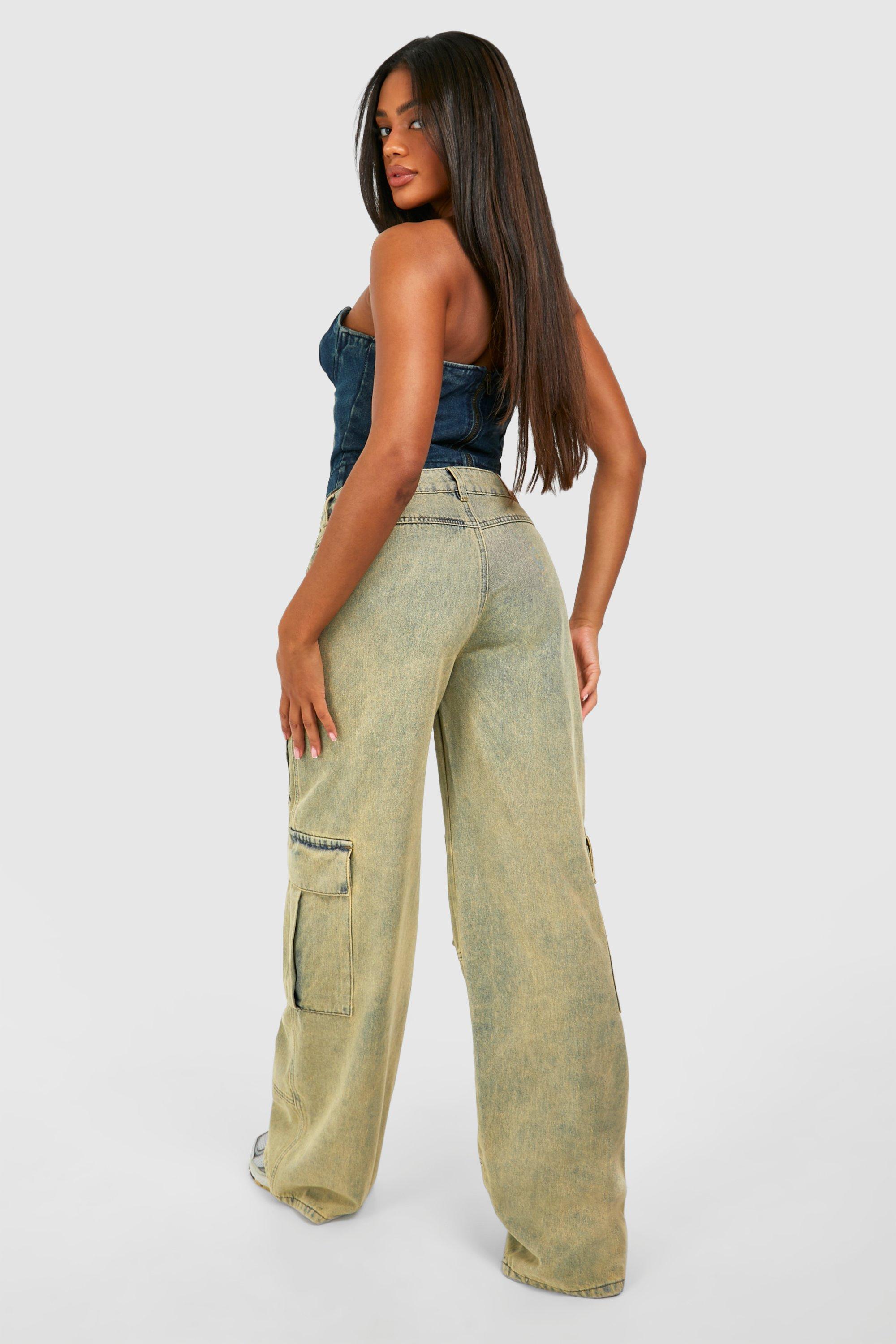 Yellow Tint Wide Leg Denim Cargo Jeans | boohoo USA